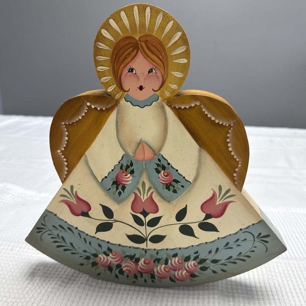 Vintage 90s Tole Painted Standing Rocking Angel Wood Cut Out Tulips Cottagecore